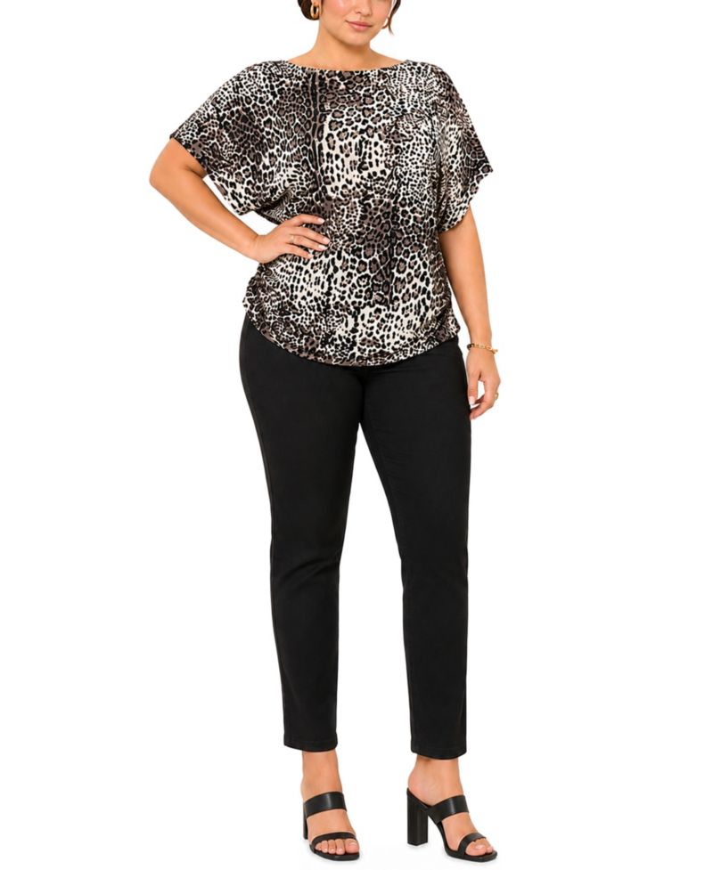 Plus Size Leopard-Print Boat-Neck Batwing Short-Sleeve Top