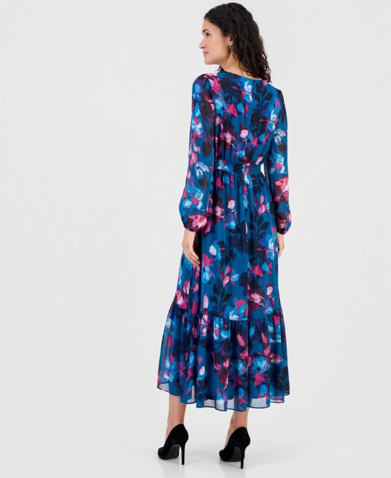Women's Floral Balloon-Sleeve Smocked-Back Maxi Dress