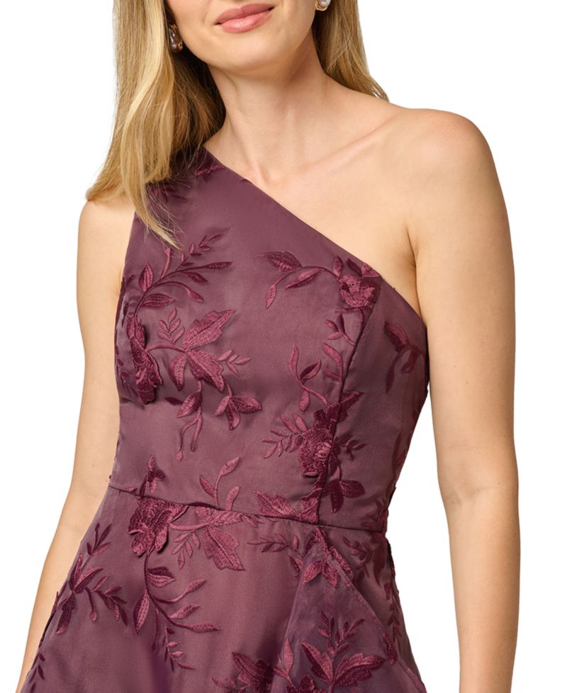 Women's Petite One-Shoulder Floral-Embroidered Ruffle Gown