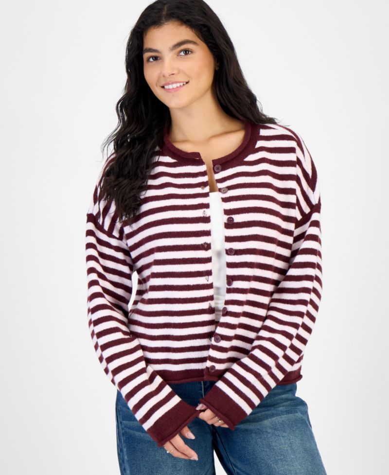 Juniors' Oversized Rollneck Striped Cardigan