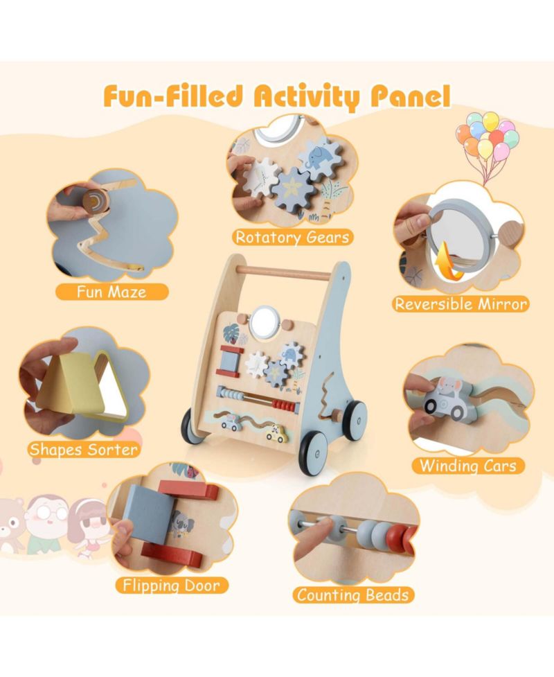 Wooden Baby Walker Push & Pull Walker with Multi-Activity Center