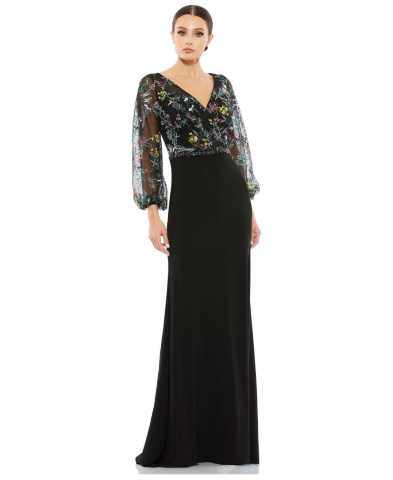 Women's Embroidered Illusion Puff Sleeve Column Gown