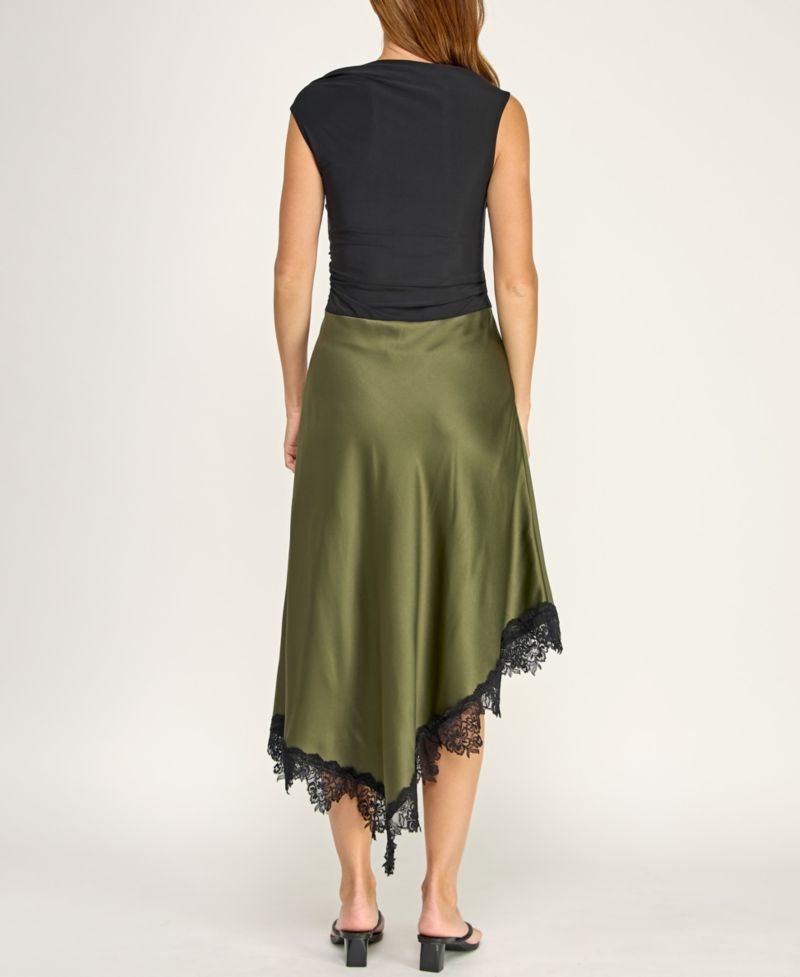 Juniors' Cowl Neck Assymetric Lace Trim Satin Skirt Midi Dress