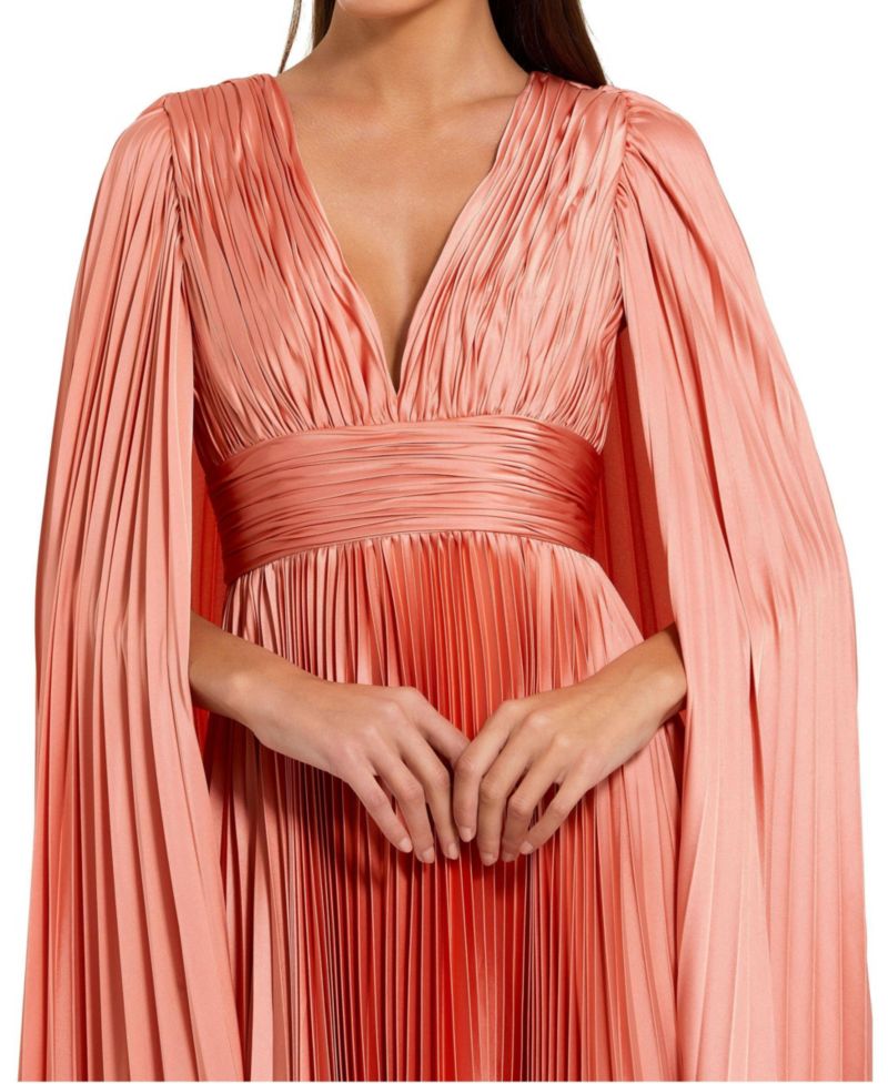 Women's Pleated Charmeuse V-Neck Gown With Cape
