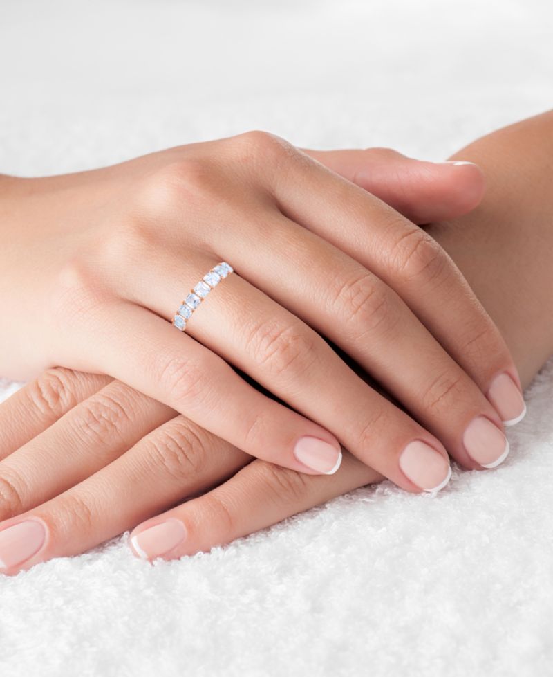 White Princess Cut Cubic Zirconia Eternity Band in 14k Rose Gold Plated Sterling Silver