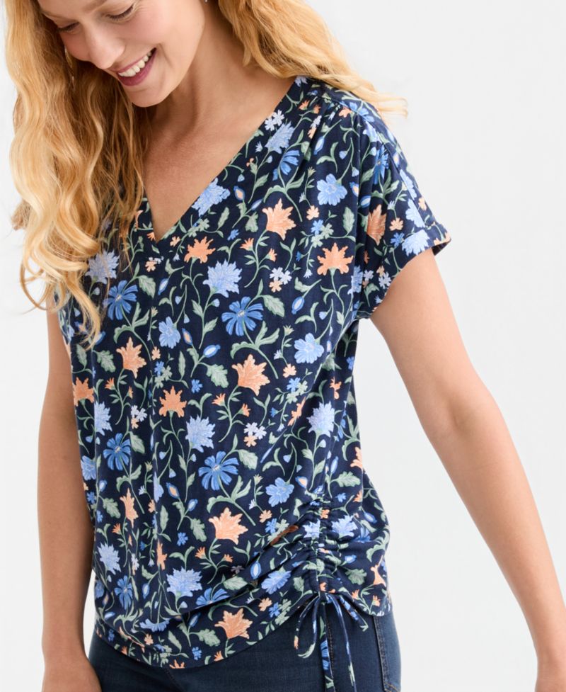 Women's Printed Ruched Tie-Hem V-Neck Top