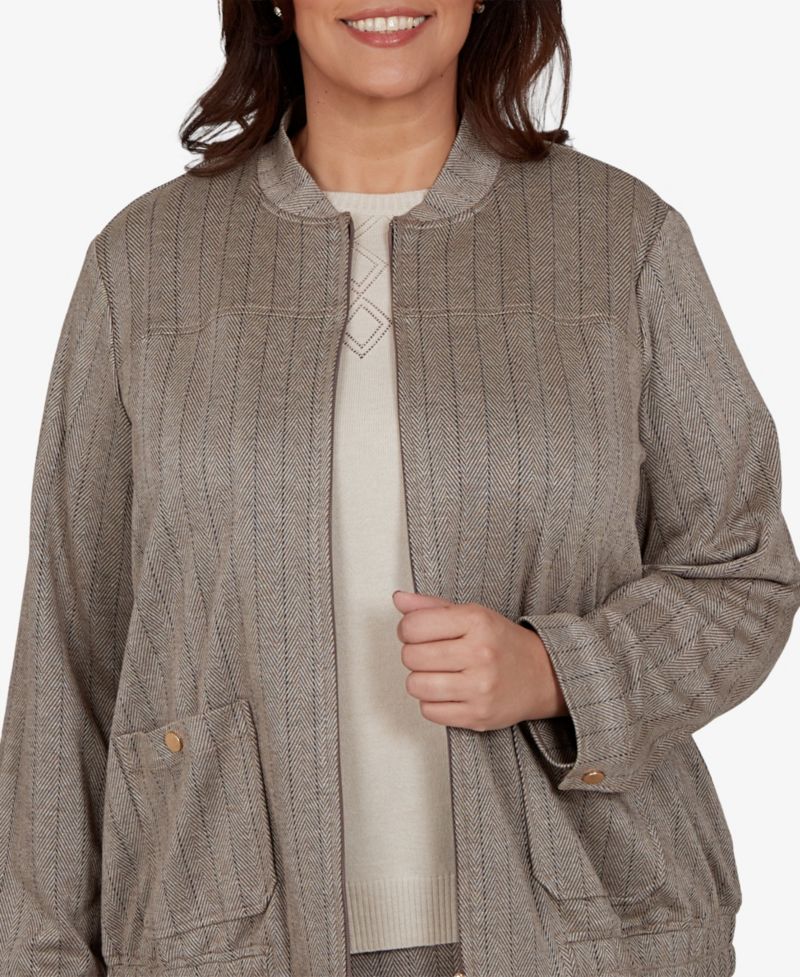 Plus Size Striped Mandarin Collar Bomber Jacket
