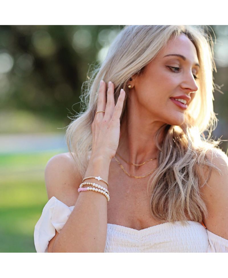 3mm Gold Filled Ball and Mother Of Pearl Cross Stretch Bracelet