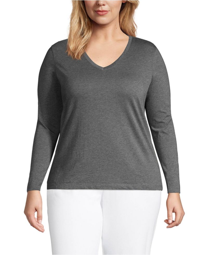 Women's Plus Size Relaxed Supima Cotton Long Sleeve V-Neck T-Shirt