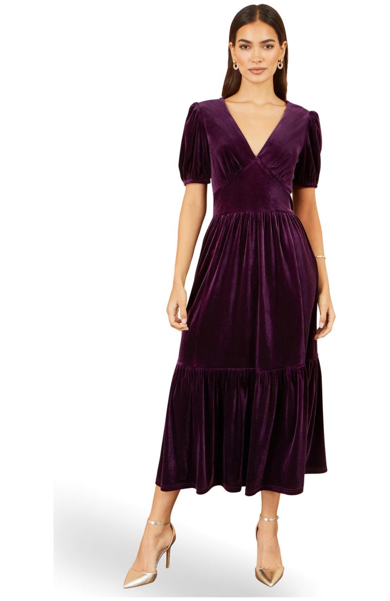 Women's Puff-Sleeve V-Neck Tiered Velvet Midi Dress