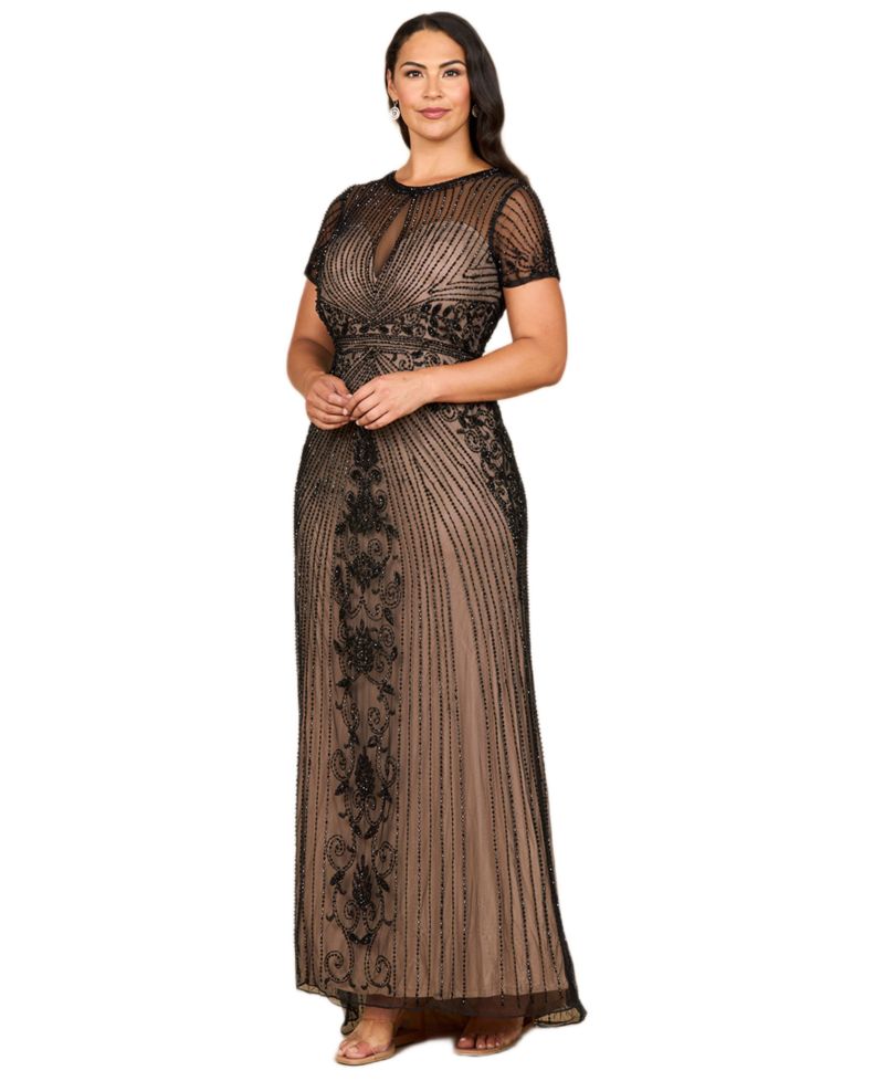 Women's Beaded Cap Sleeve Illusion Plunge Gown