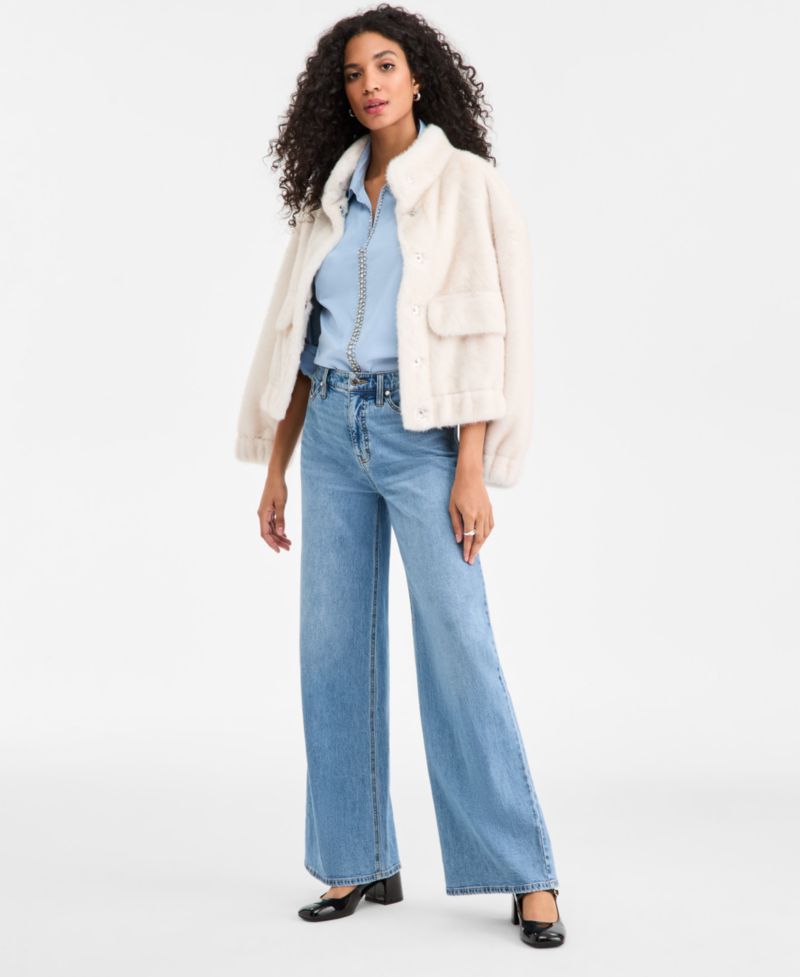 Women's Woven Solid Faux-Fur Bomber Jacket