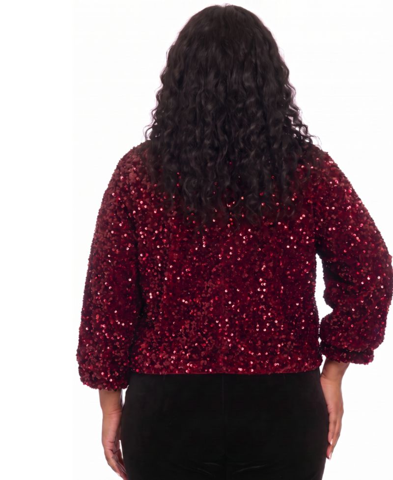 Plus Size Sequin V-Neck 3/4-Sleeve Bomber Jacket