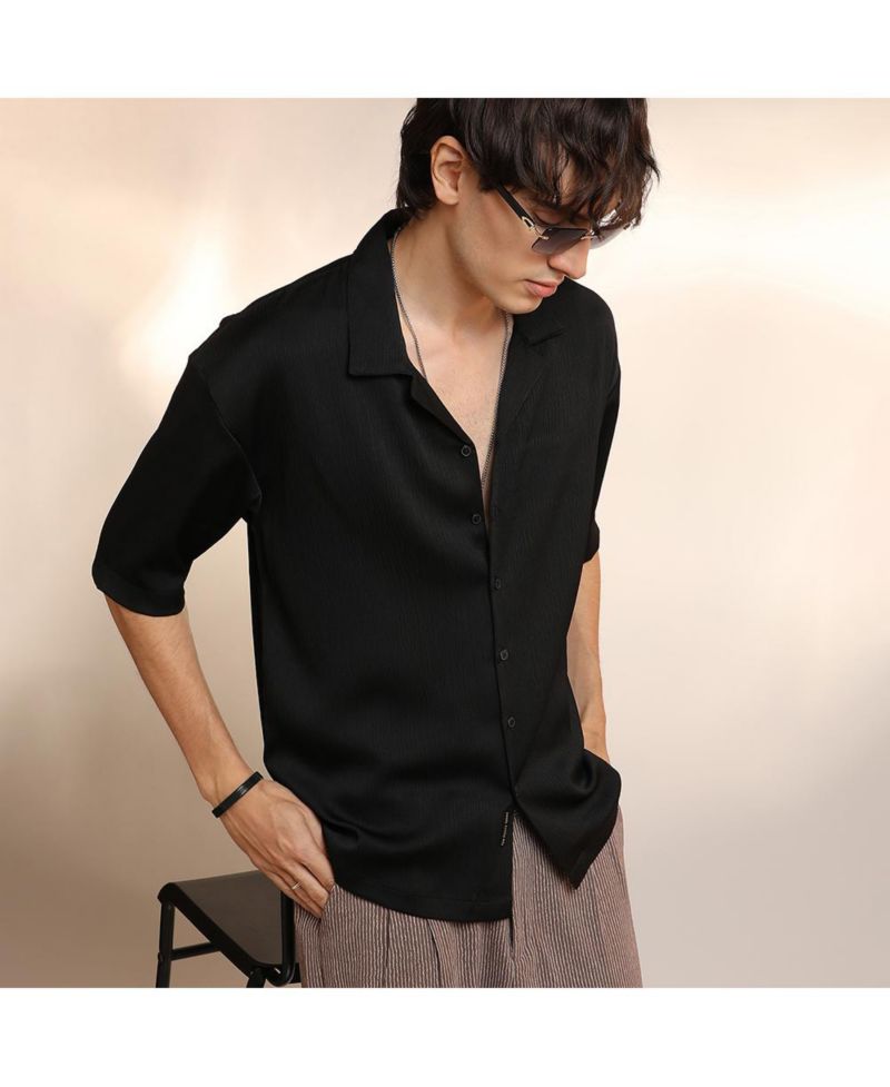 Men's Onyx Black Solid Crinkle Oversized Shirt
