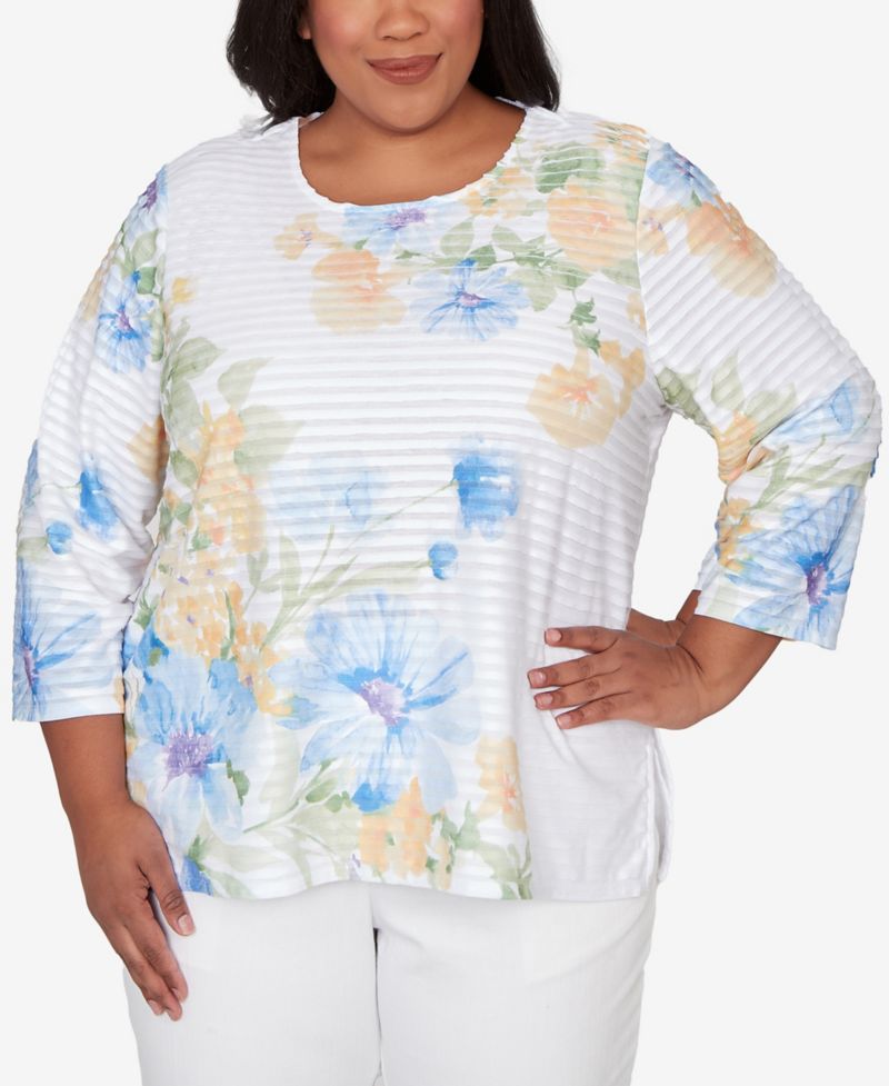 Plus Size Classic Placed Floral Stripe Top