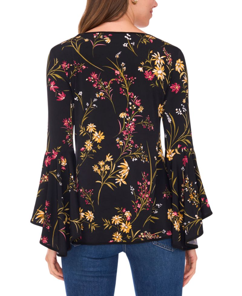 Women's Printed Crewneck 3/4-Bell-Sleeve Blouse
