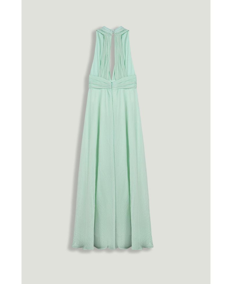 Women's Pleated Halterneck Maxi Dress with Brooch Detail