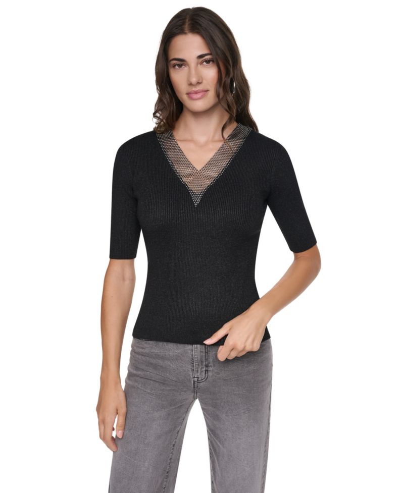 Women's Embellished Lurex V-Neck Sweater