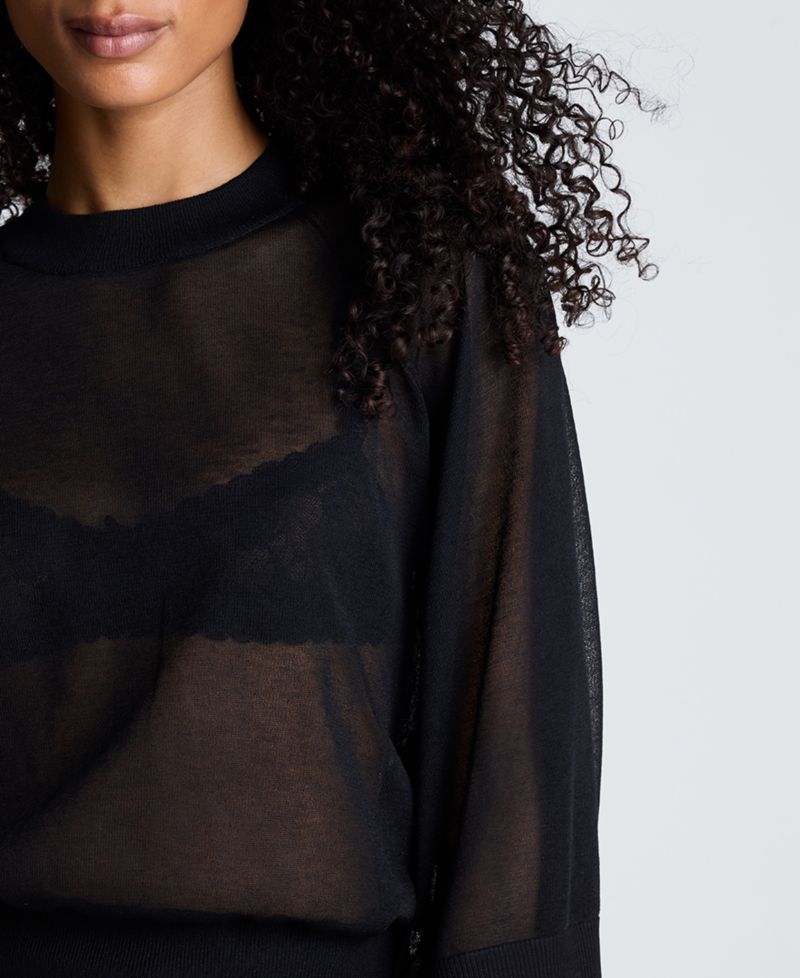 Women's Semi-Sheer Raglan Crewneck Cropped Sweater