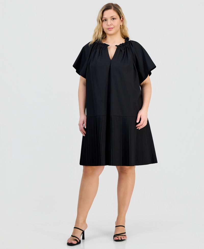 Plus Size Pleat-Hem Puff-Sleeve Dress