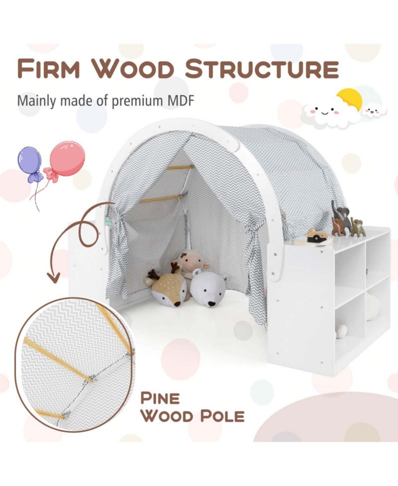 Wooden 8-Cubby Storage Playhouse with Curtain Shades