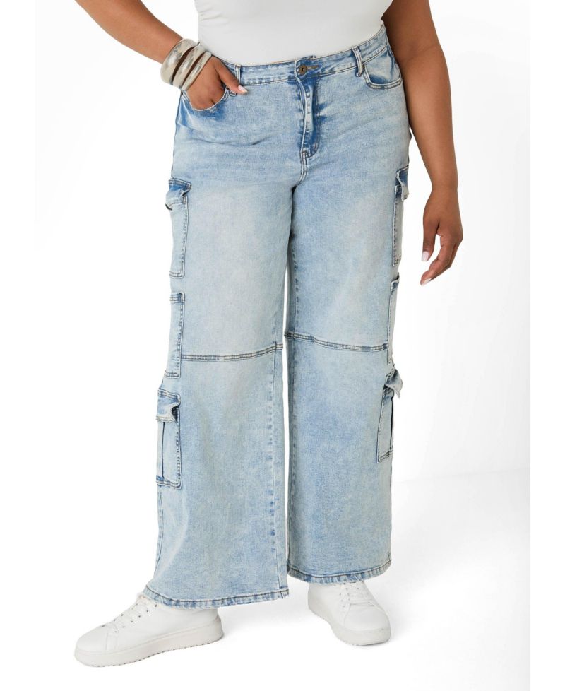Plus Size Cargo Acid Wash High-Waisted Jeans
