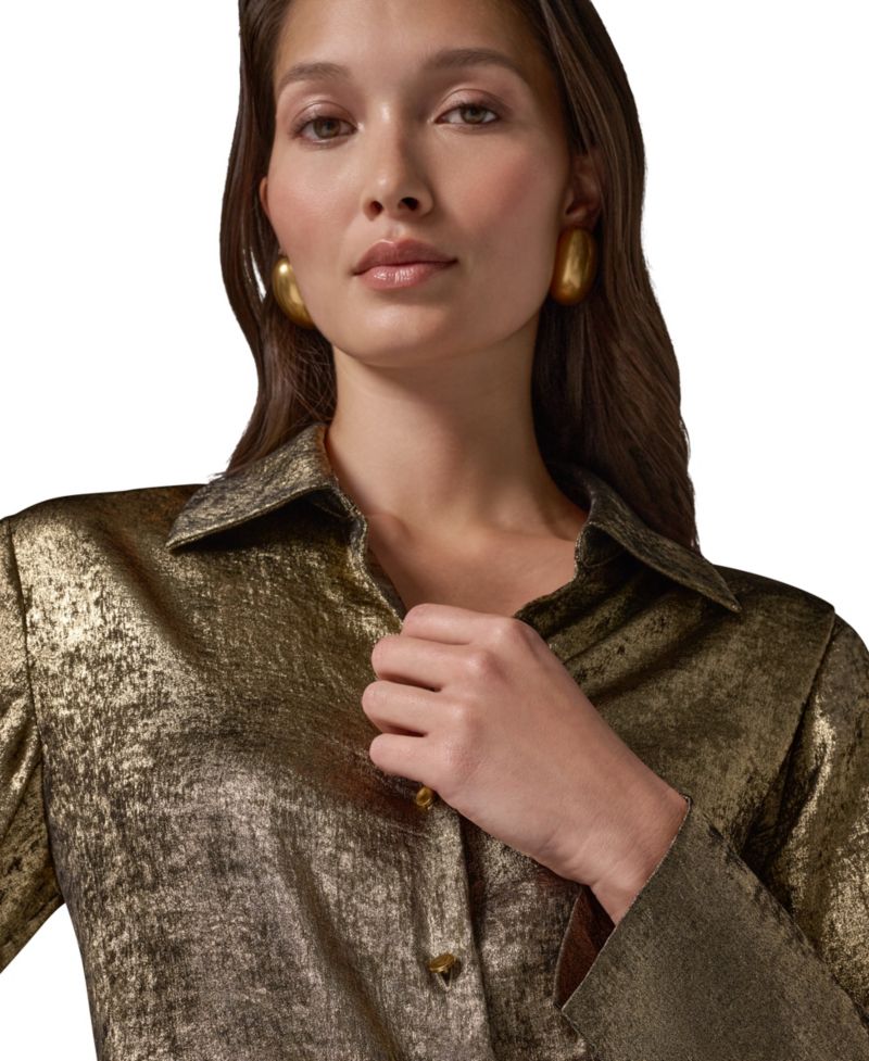 Petite Long-Sleeve Point-Collar Pointy-Asymmetrical-Hem Blouse