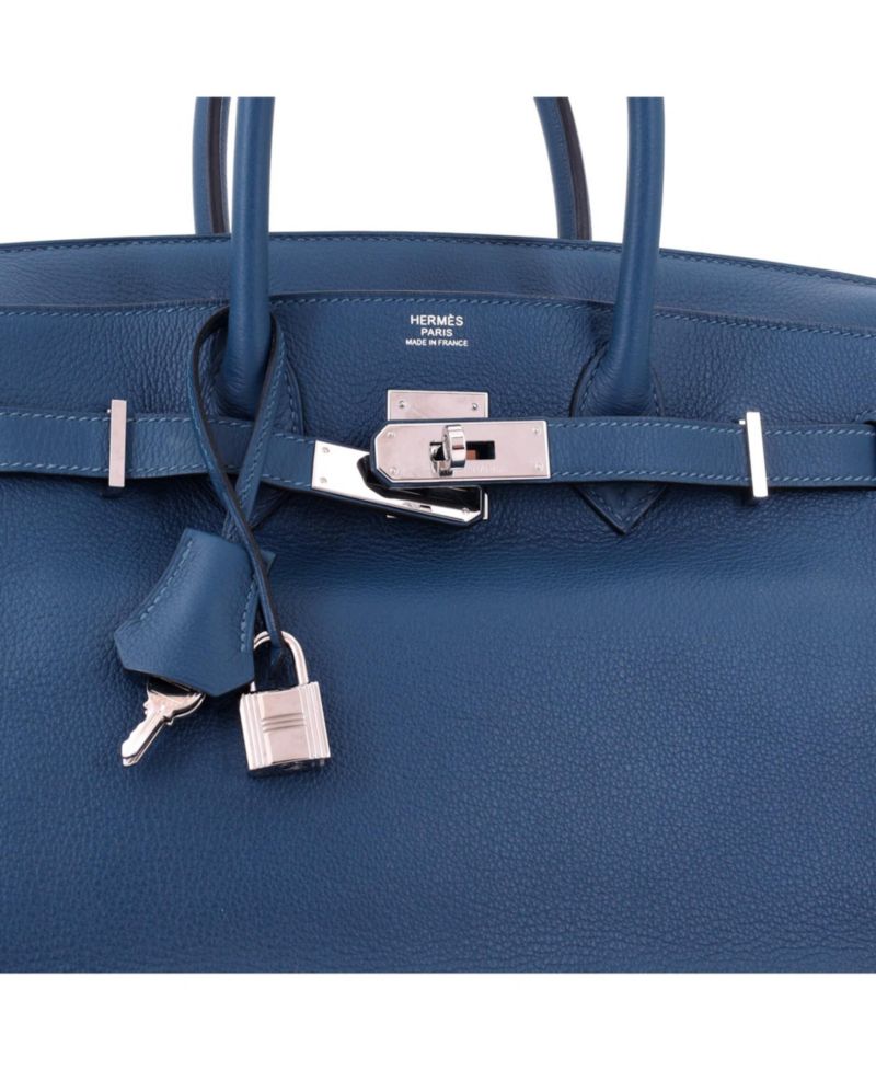 Pre-Owned Hermes Birkin 30 Handbag Blue Novillo with Palladium Hardware