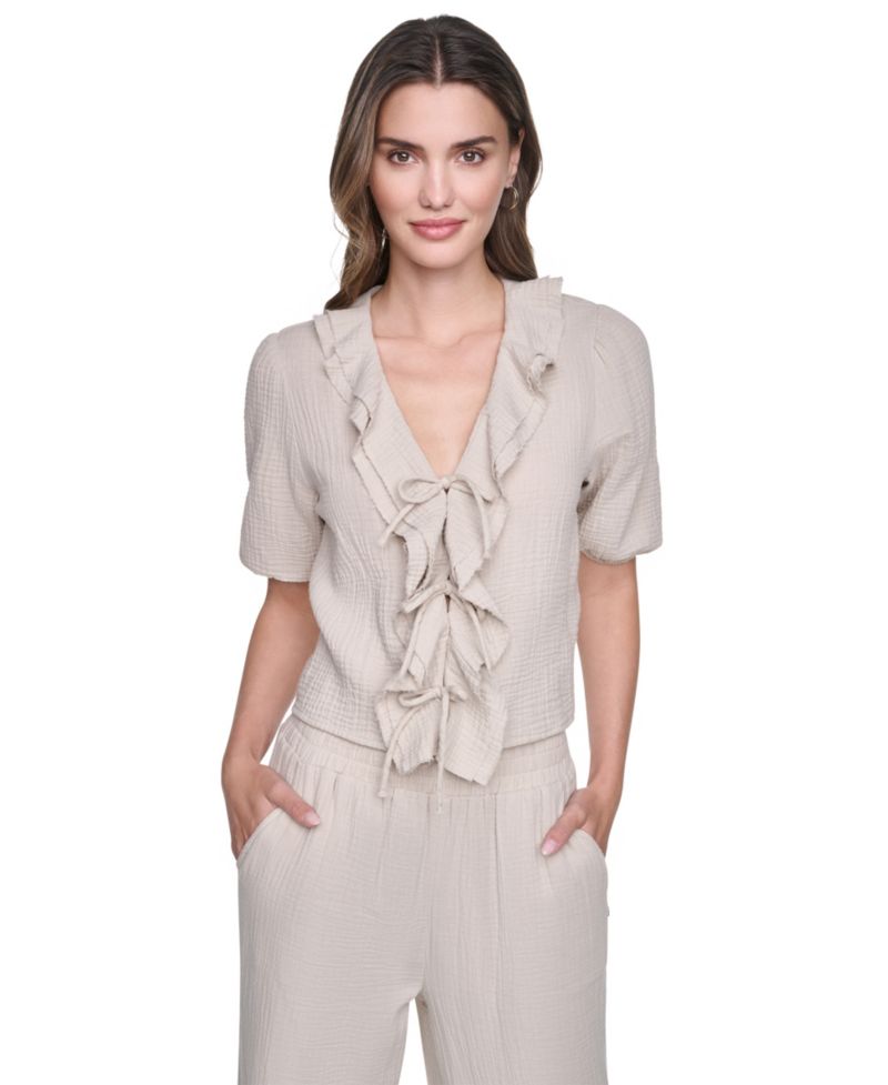 Women's V-Neck Short Puff-Sleeve Tie-Front Shirt