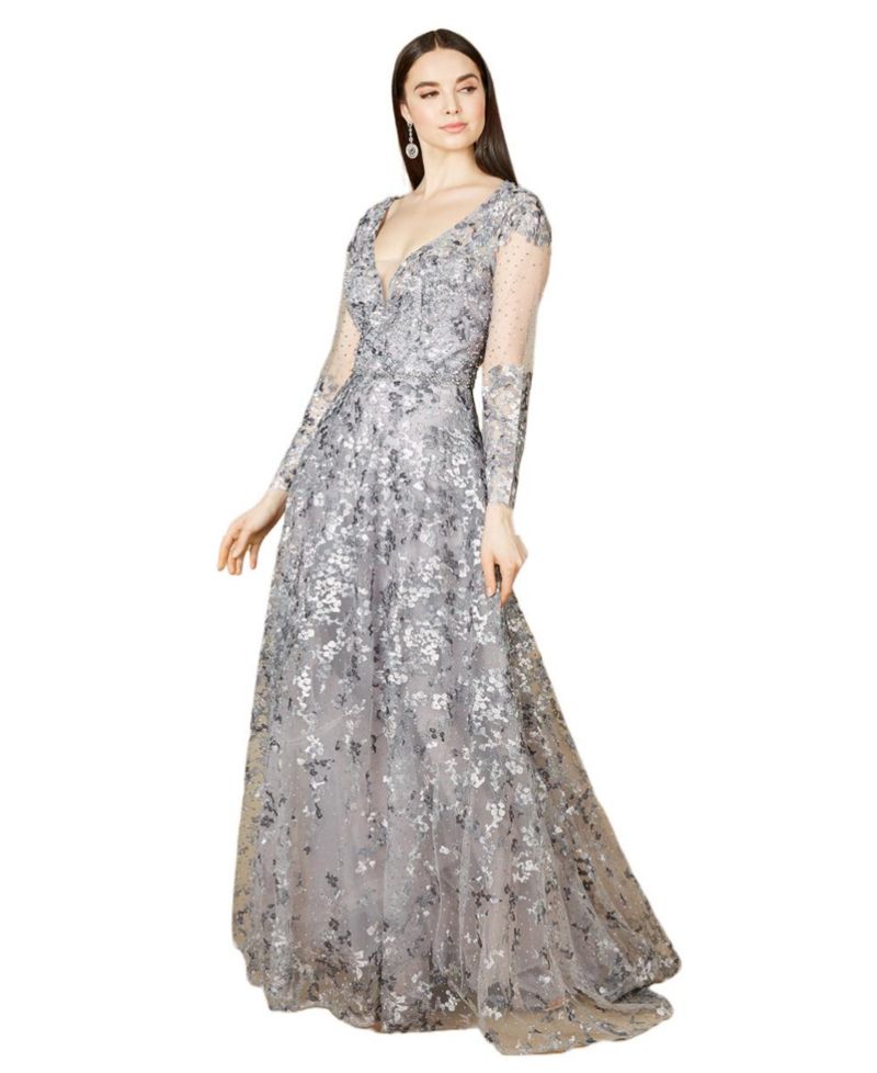 Women's A-line Gown With Long Sleeves, V-Neckline