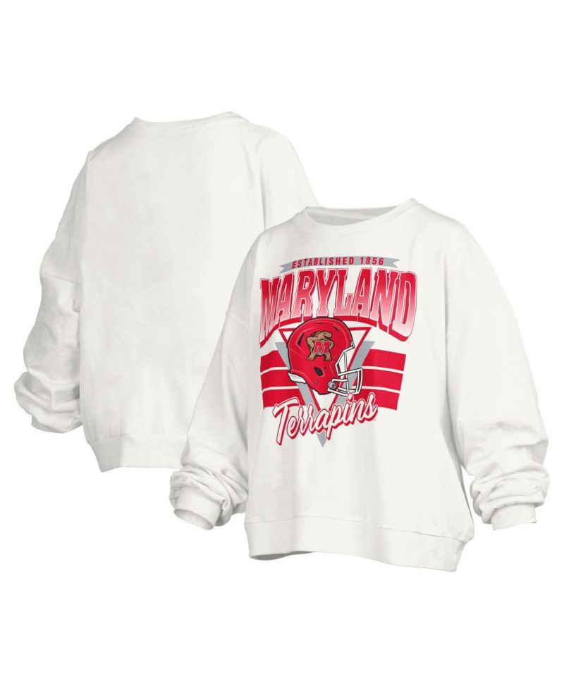 Women's White Maryland Terrapins Janice Retro Logo Oversized Pullover Sweatshirt