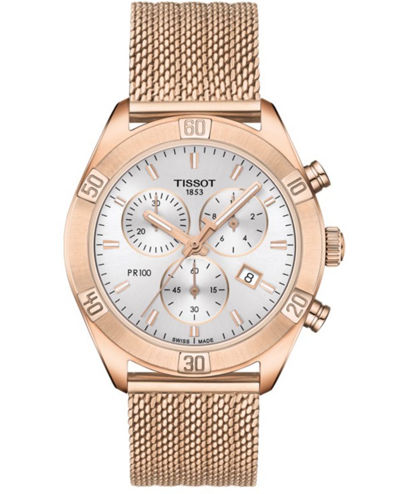 Women's Swiss Chronograph PR 100 Sport Chic T-Classic Rose Gold-Tone Stainless Steel Mesh Bracelet Watch 38mm