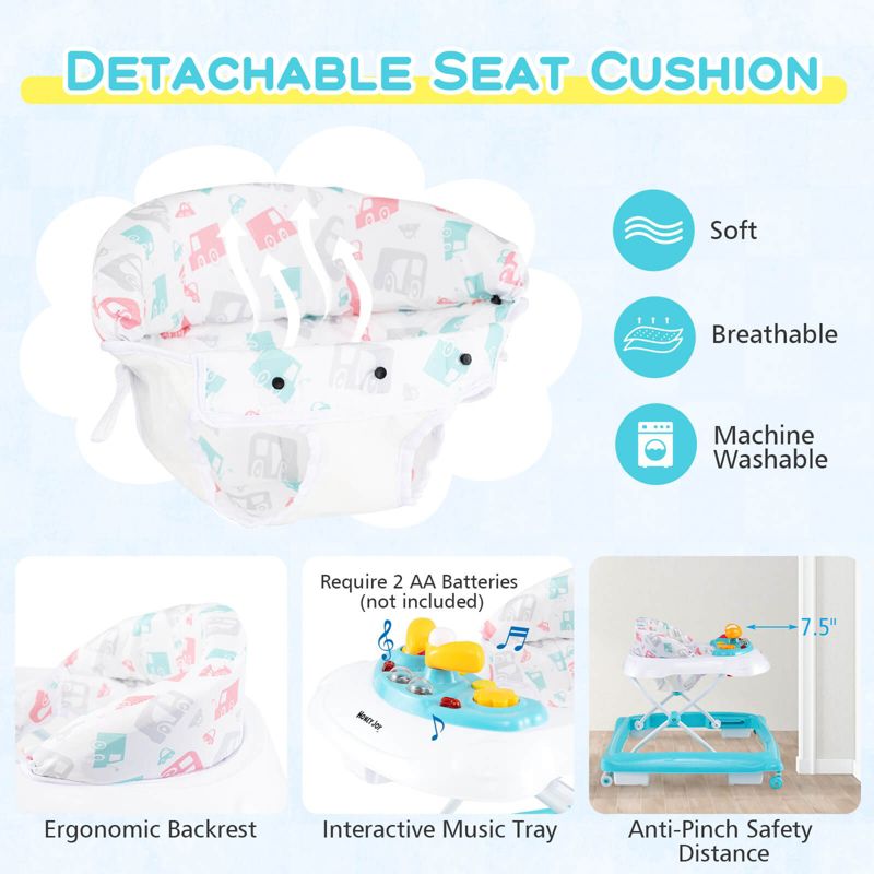 Foldable Baby Walker with 3 Adjustable Heights Comfy Padded Seat