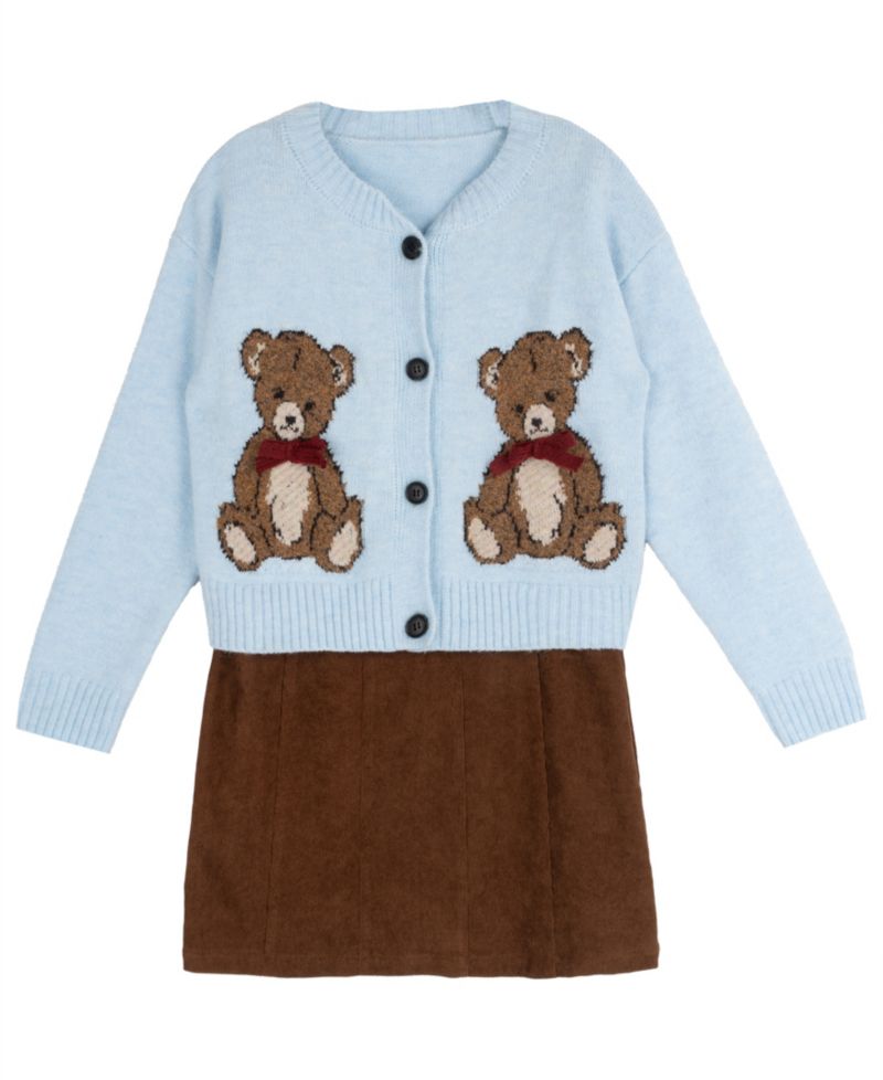 Girls' 7-16 Teddy Bear Cardigan and Corduroy Jumper Dress, 2-Piece Set
