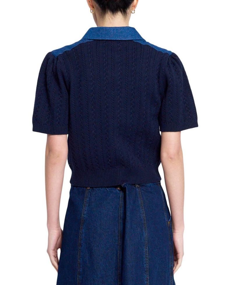 Women's Nash Cable-Knit Puff-Sleeve Denim-Collar Polo Shirt