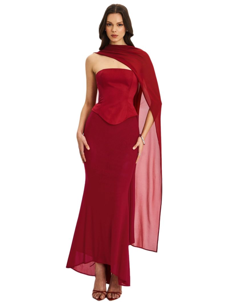 Women's Giselle Crimson Peplum Mermaid Gown with Chiffon Scarf