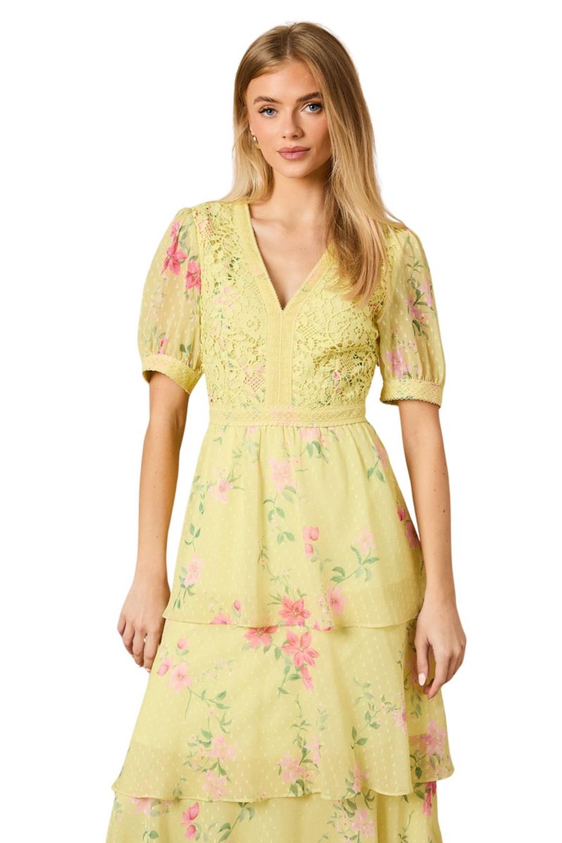 Women's Lace Bodice Tiered Midi Dress