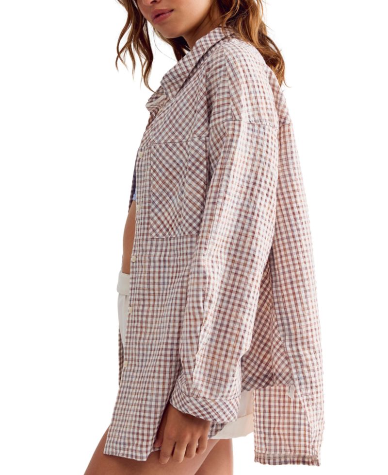 Women's Cross My Heart Gingham Long-Sleeve Relaxed-Fit Sleep Shirt