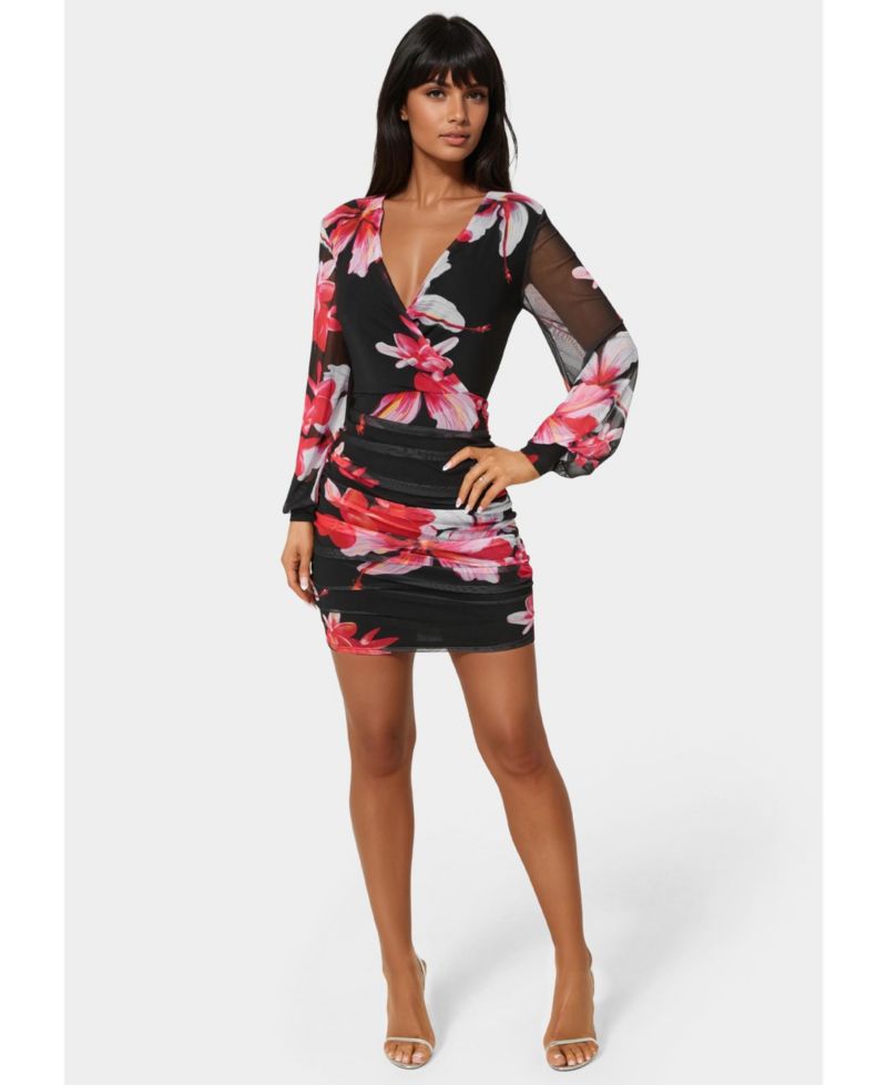 Women's Long Sleeve Faux Wrap Ruched Mini Dress