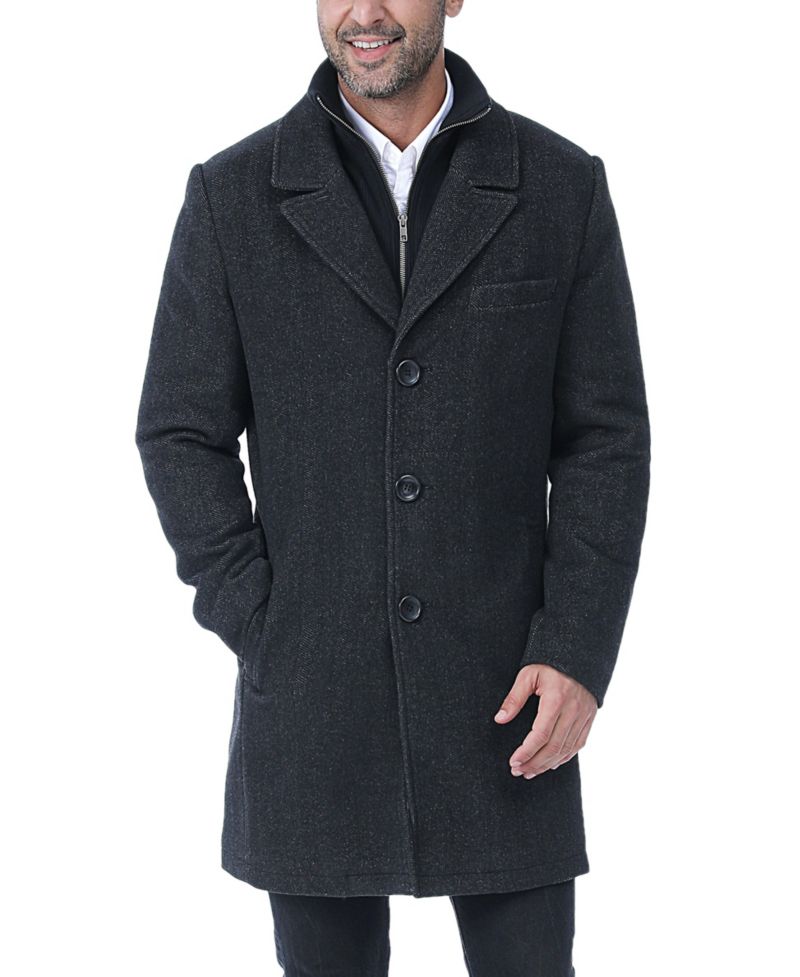 Men's Leon Herringbone Wool Blend Coat with Removable Bib
