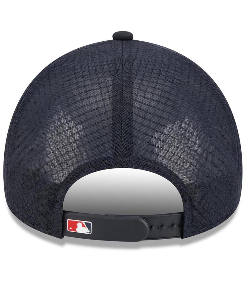 Men's Navy Los Angeles Angels 2026 Batting Practice Apex 9FORTY Adjustable Trucker Hat