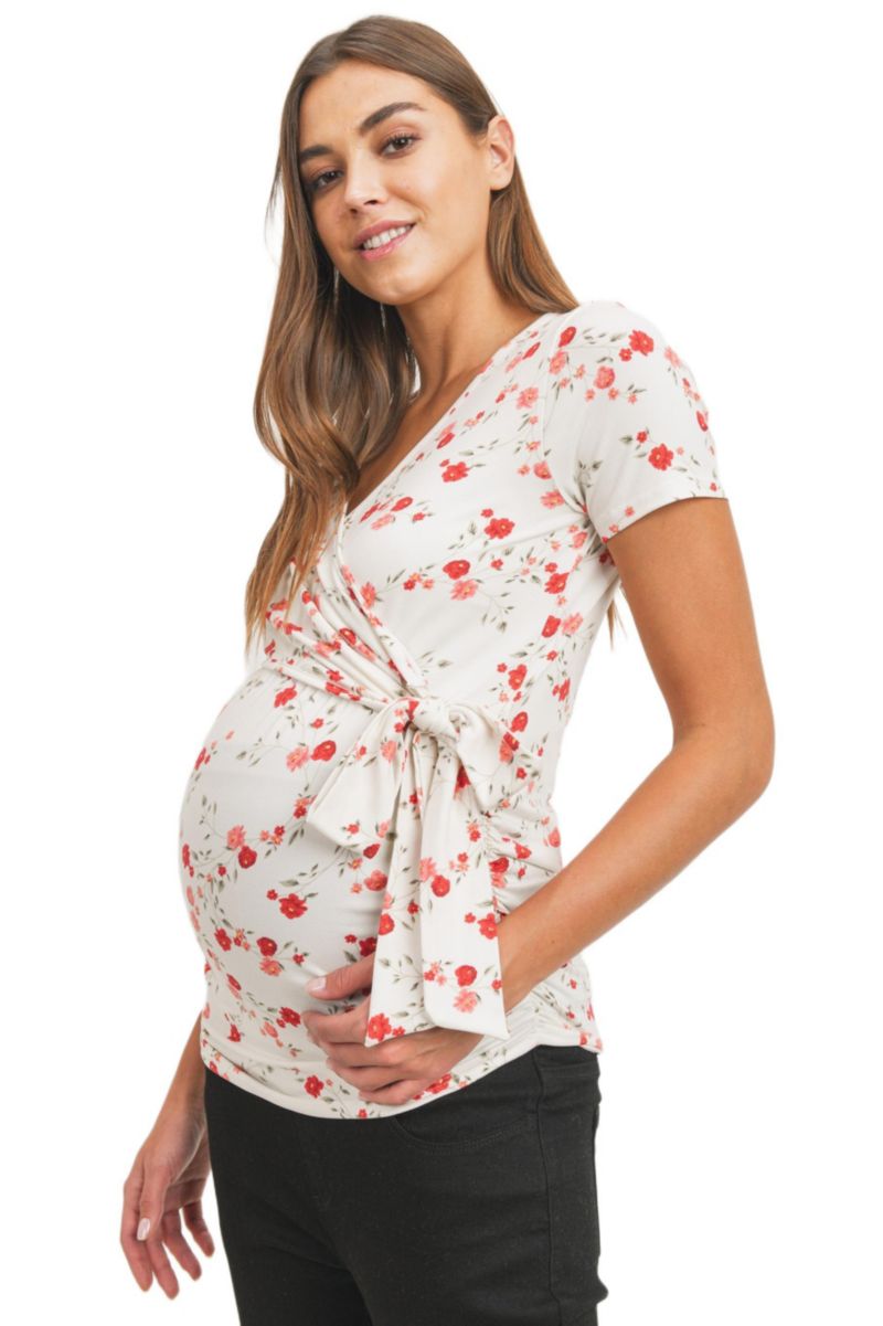 Maternity Floral Wrap Nursing Short-Sleeve Top