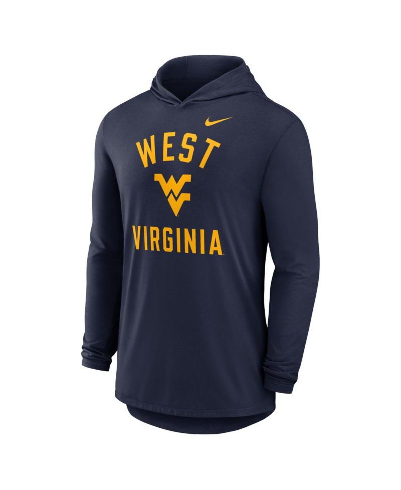 Men's Navy West Virginia Mountaineers Classic Arch Tri-Blend Performance Long Sleeve Hoodie T-Shirt