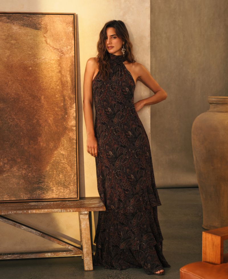 Women's Paisley Georgette Tiered Mockneck Gown