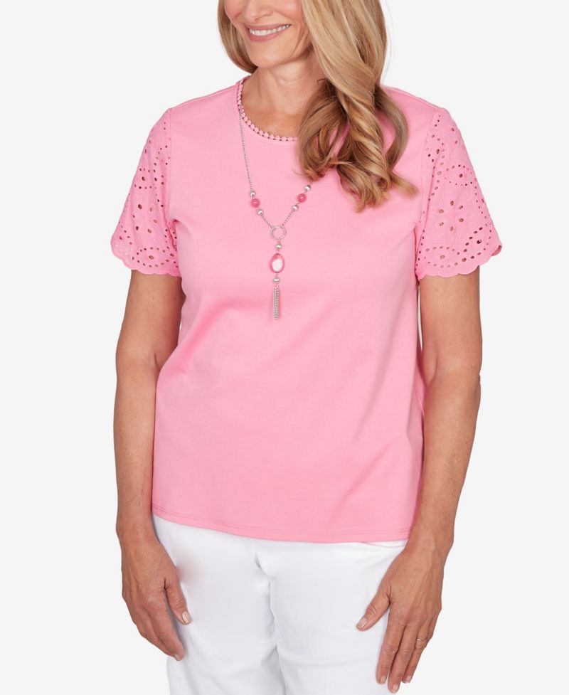 Petite Classic Solid Eyelet Sleeve Top with Necklace