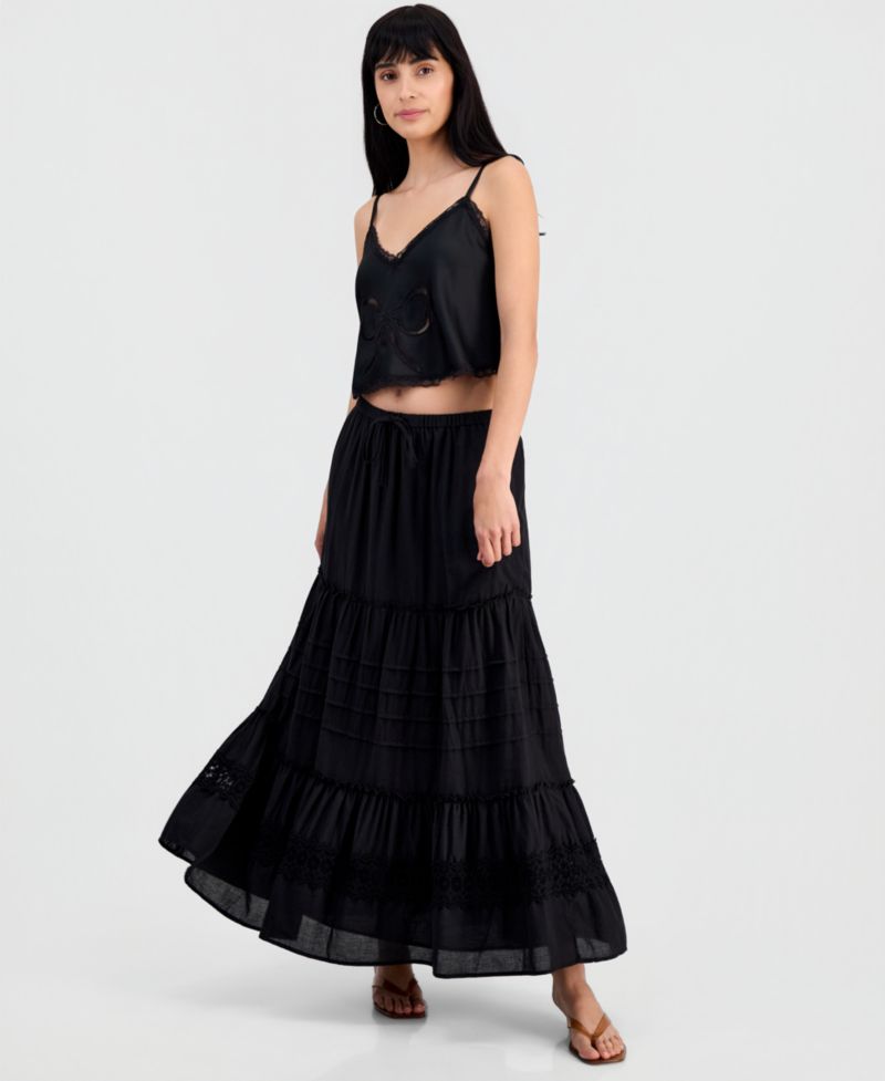 Women's Cotton Tiered Tie-Waist Maxi Skirt