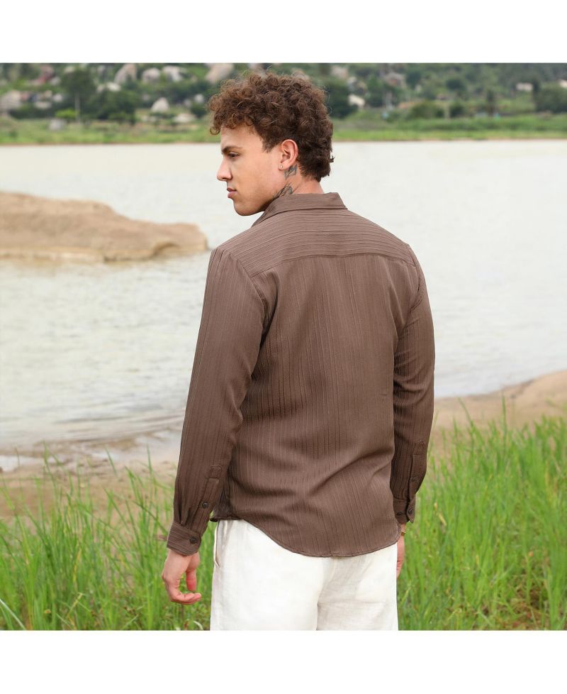 Men's Mocha Brown Self-Design Striped Shirt