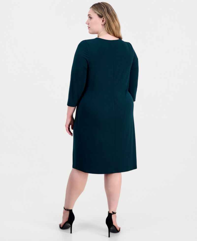 Petite Solid Jersey Mock Wrap V-Neck 3/4 Sleeve Dress