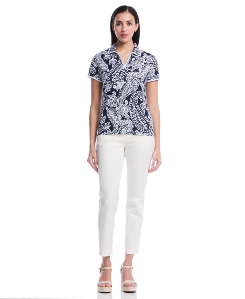 Petite Paisley Print Contrast Trim Johnny Collar Short-Sleeve Polo Shirt