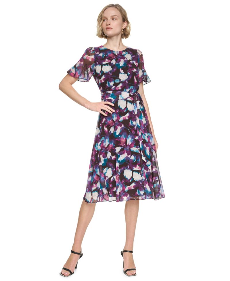 Women's Floral-Print A-Line Godet Sleeve Midi Dress